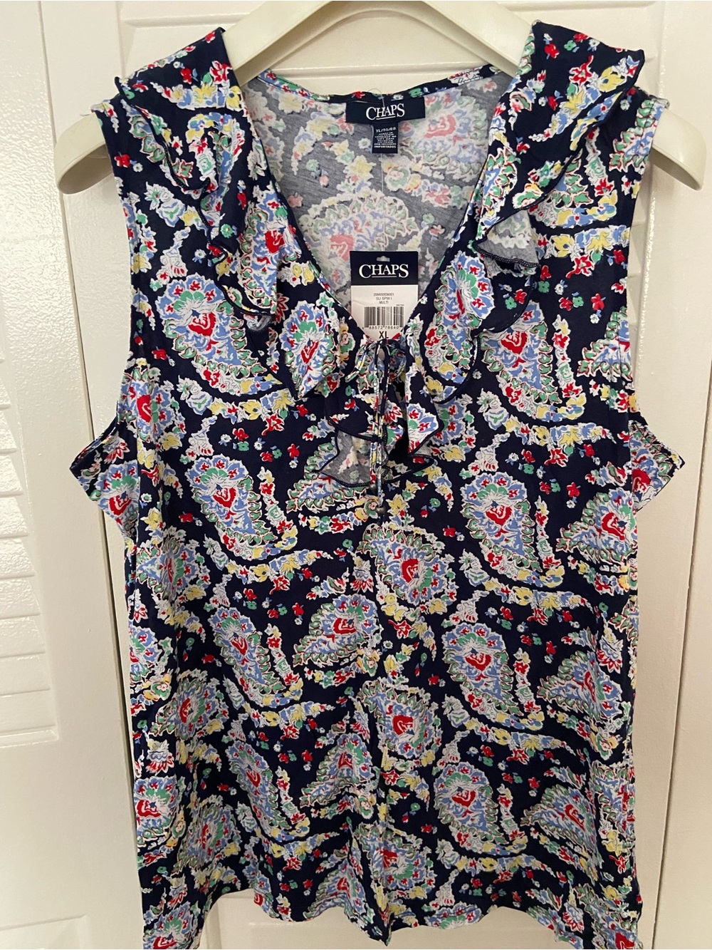 Chaps Women's Navy Sleeveless Ruffle Paisley Top